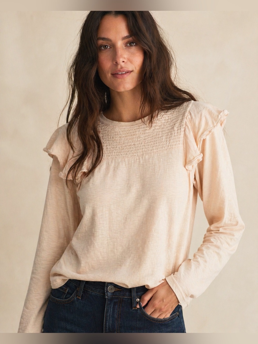 Nation LTD Smocked Yoke Ruffle Shoulder Long Sleeve Top Blush Pink Pima Cotton M